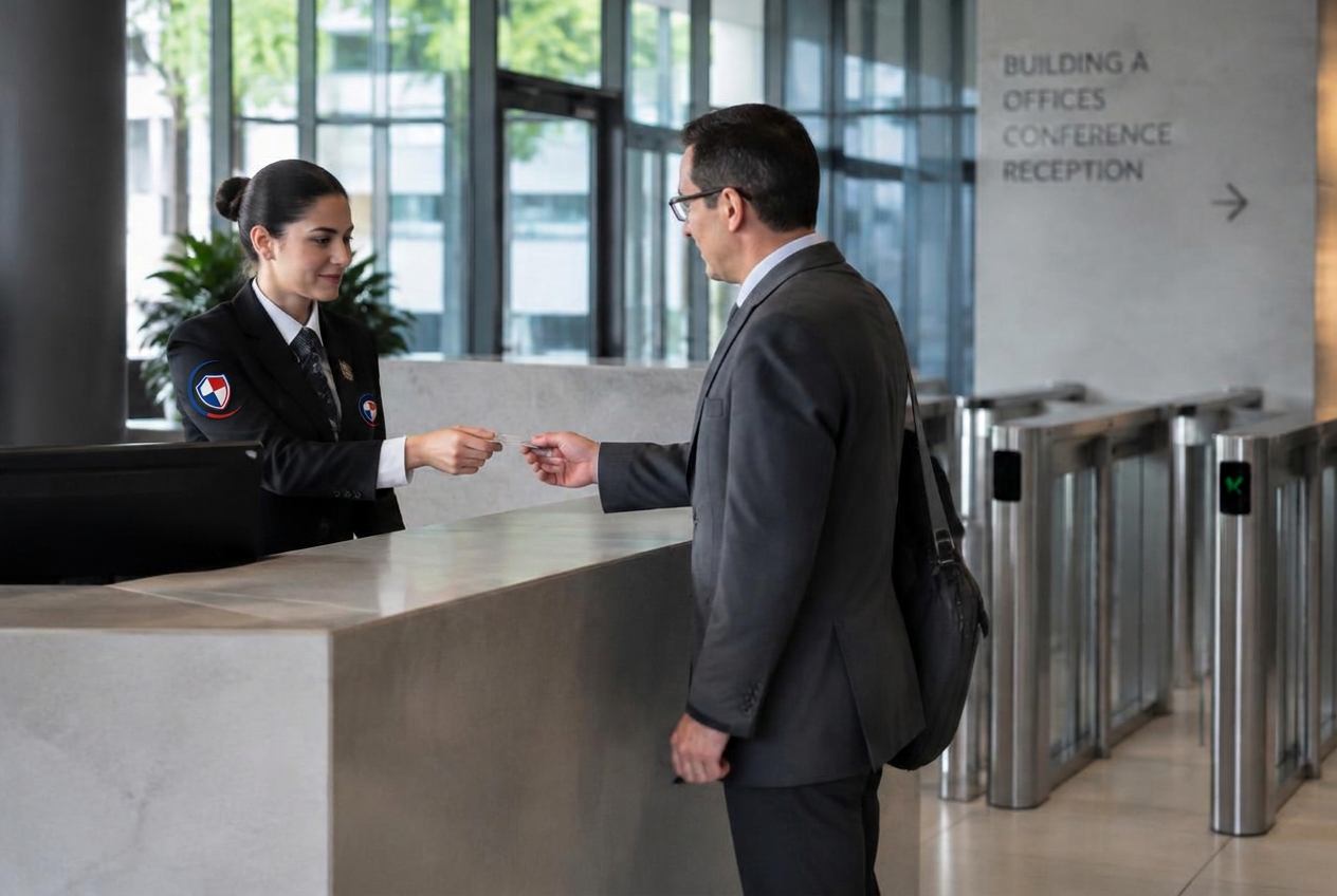 Agent d’accueil remettant un badge visiteur devant des portillons de contrôle d’accès