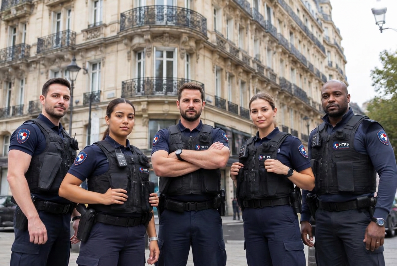 Équipe d’agents de sécurité HTPS en tenue professionnelle à Paris