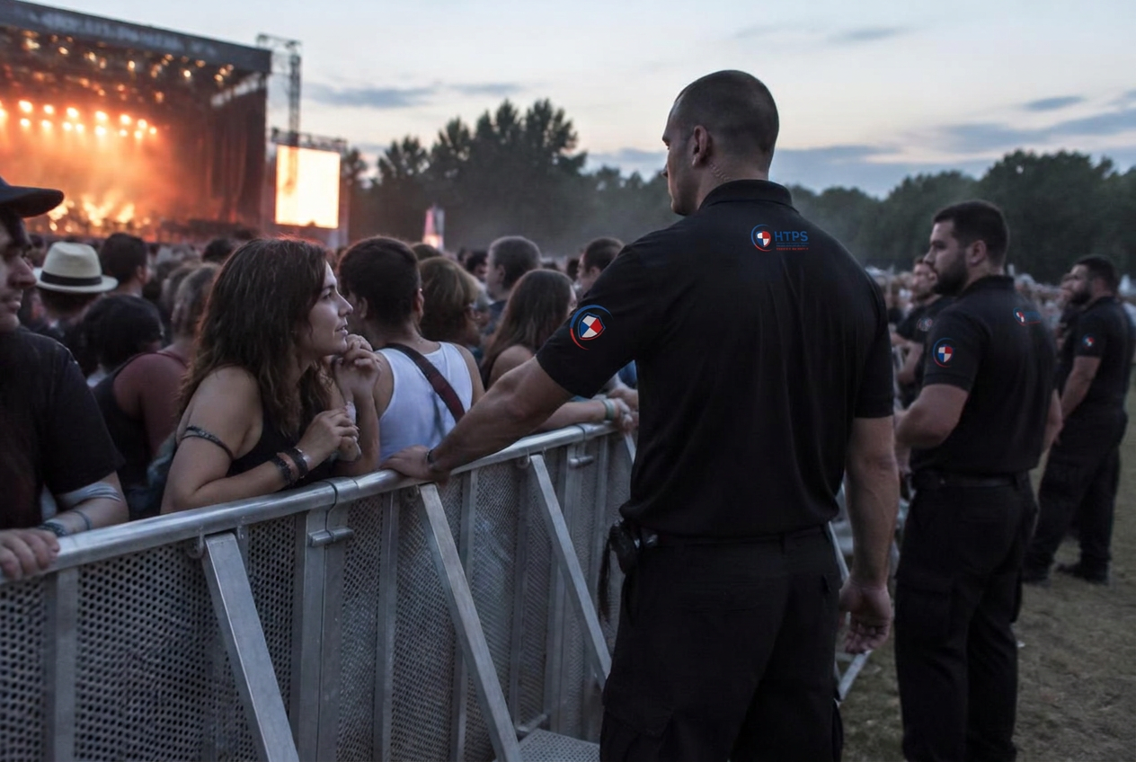 Agents de sécurité encadrant le public lors d’un événement en plein air