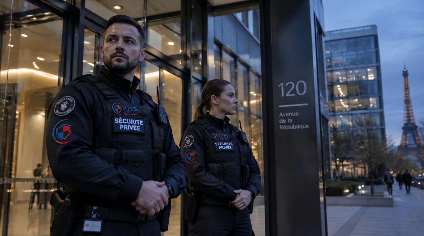 Agents de sécurité HTPS devant un bâtiment à Paris