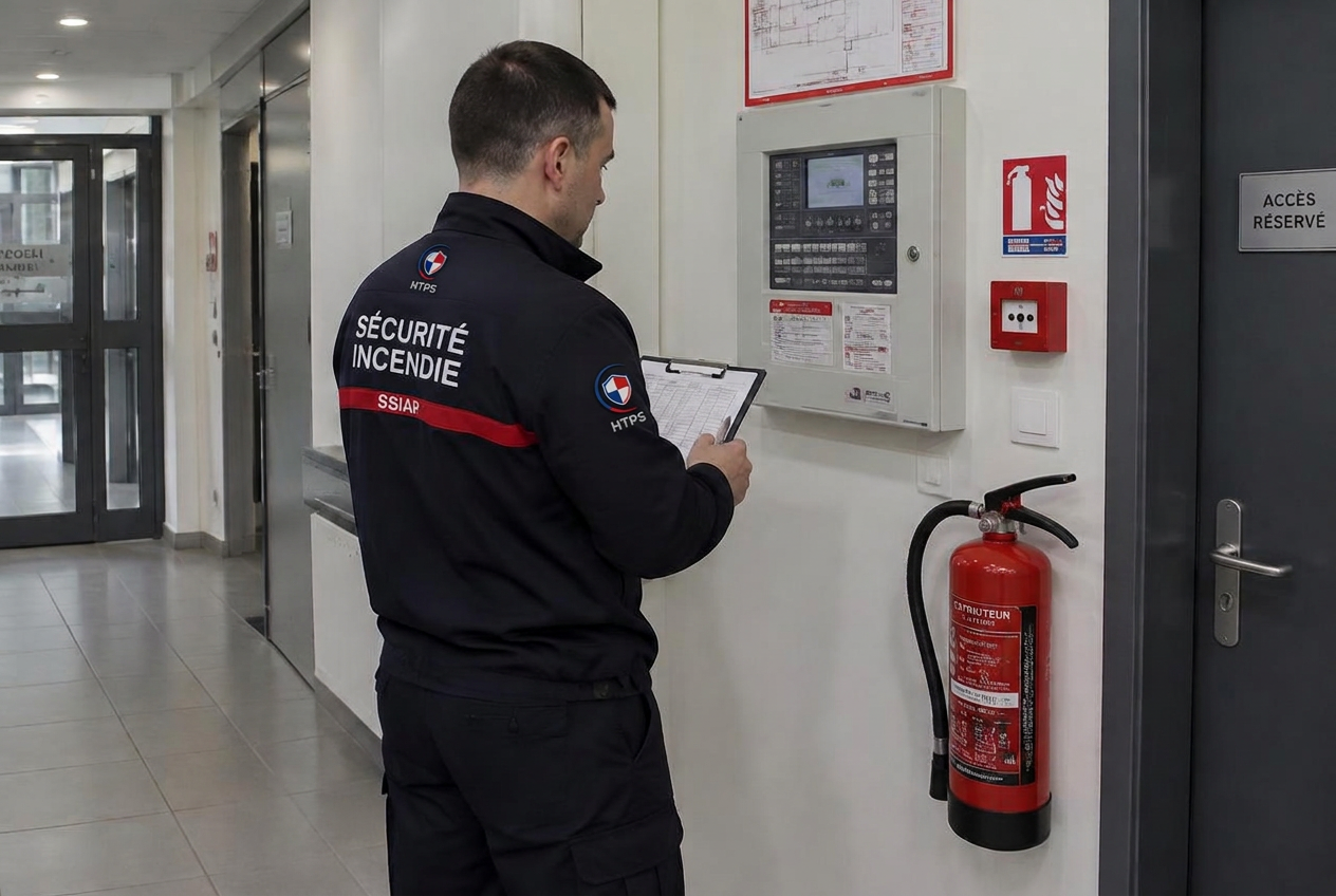 Agent SSIAP contrôlant une centrale de sécurité incendie